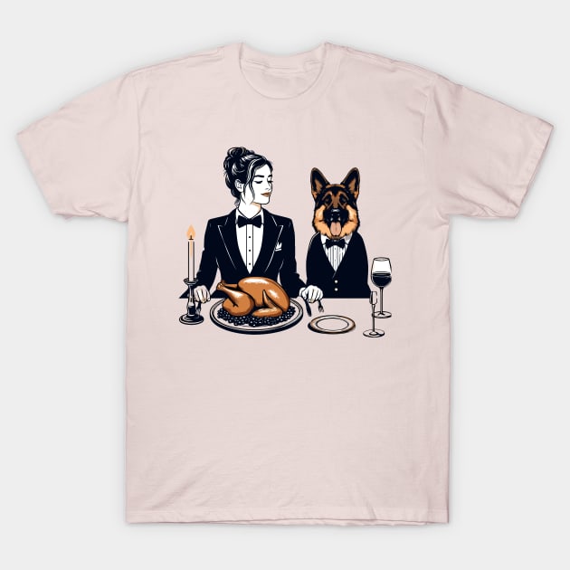 Lady and German Shepherd Thanksgiving Dinner T-Shirt by Graceful Designs